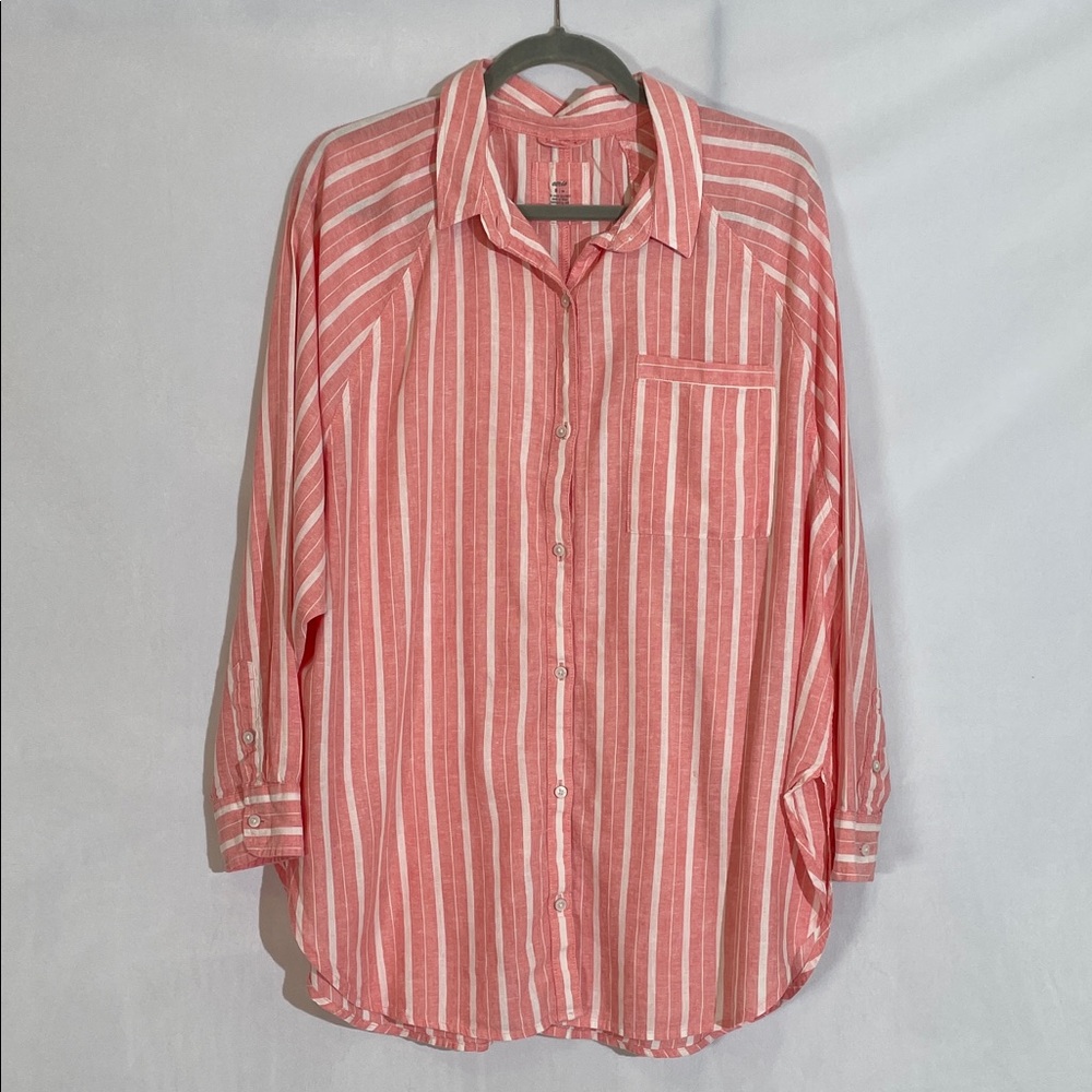 Aerie Pool To Party Linen Blend Cover Up Shirt M Pink White Stripe EUC